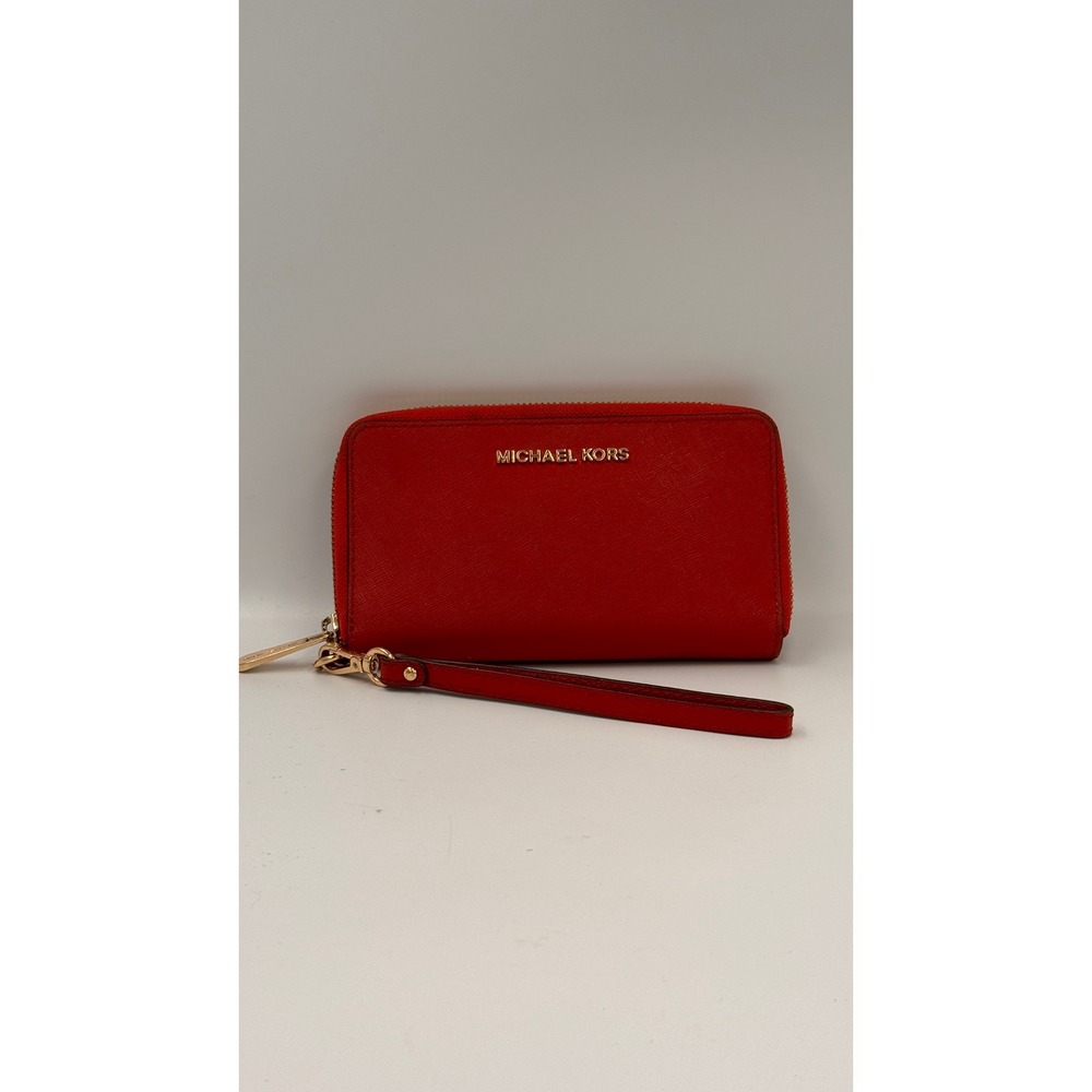 Michael Kors Red Saffiano Jet Set Travel Zip Around Wristlet Wallet